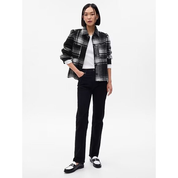 NWT Gap Plaid Puff Sleeve Cropped Wool Shirt Jacket Black White Women S Tall - Picture 1 of 12